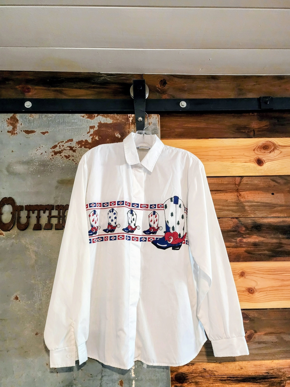 Vintage Roper Cowgirl Boot Design Red, White, & Blue Western Button-Down
